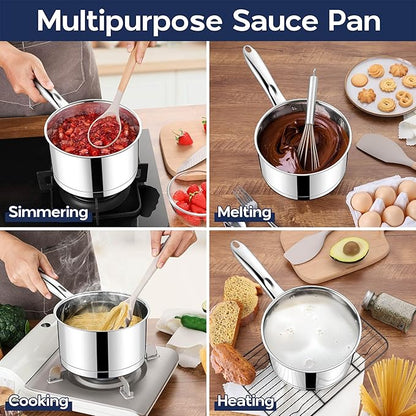 LIANYU Stainless Steel Saucepan Set of 2, 2QT & 3QT Sauce Pan with Tempered Glass Lid, Tri-Ply Bottom Small Cooking Pot, Oven & Dishwasher Safe