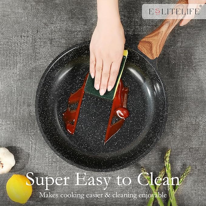 ESLITE LIFE Nonstick Ceramic Frying Pans Skillets Set, Non-Toxic Egg Omelette Kitchen Cooking Pans Compatible with All Stovetops (Gas, Electric & Induction), PTFE & PFOA Free (Black) - Image 6