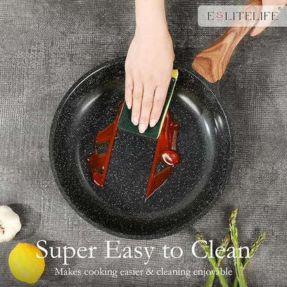 ESLITE LIFE Nonstick Ceramic Frying Pans Skillets Set, Non-Toxic Egg Omelette Kitchen Cooking Pans Compatible with All Stovetops (Gas, Electric & Induction), PTFE & PFOA Free (Black) - Image 6