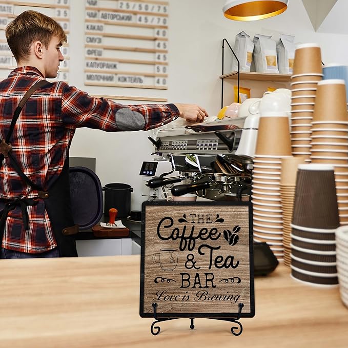 Coffee Bar Sign, Love is Brewing Farmhouse Tabletop Decor, Coffee and Tea Lover Gifts, 5x5 Wood Plaque with Iron Stand for Home Kitchen Cafe, Coffee Bar Decor – L02 - Image 6