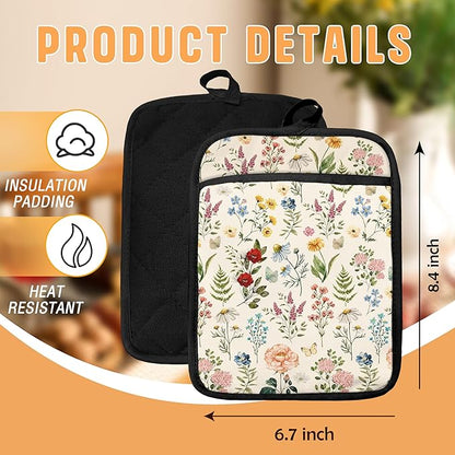 Beige Floral Botanical Pot Holders with Pockets, Rustic Cottagecore Flower Oven Pot Holders Heat Resistant Oven Mitts Hot Pads for Kitchen Baking Cooking