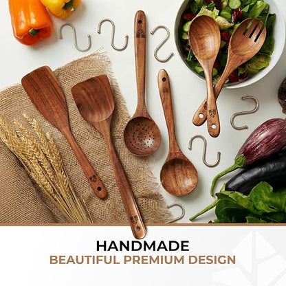 Wooden Spoons for Cooking – 6 Pcs Premium Teak Wooden Utensil Set with Hooks - Durable, Nonstick Safe, Easy to Clean & Heat Resistant with Ergonomic Handles - Image 7
