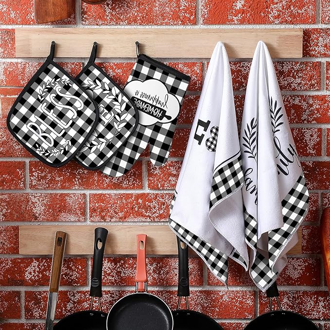 5 Pieces Buffalo Plaid Kitchen Towels Oven Mitts and Pot Holder Set Black and White Kitchen Towels Oven Gloves, Hot Pads Pot Holders for Farm House Accessories Decor(Heart) - Image 5