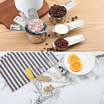 Measuring Cups and Spoons Set, Stainless Steel Measuring Cups Set, Dry 7 Measurer Cups 9 Measurement Spoons with Leveler & Measure Enquivalents for Kitchen & Baking Nesting Measuring Tools