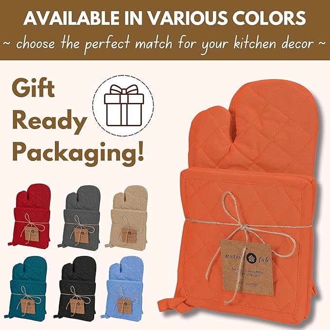 Native Fab 4 Piece Set - 2 Oven Mitts & 2 Potholders, Heat Resistant, 100% Cotton, Quilted Design, Non-Slip Grip, Machine Washable, Ideal for Baking, Cooking, BBQ, Kitchen Protection - Orange - Image 6