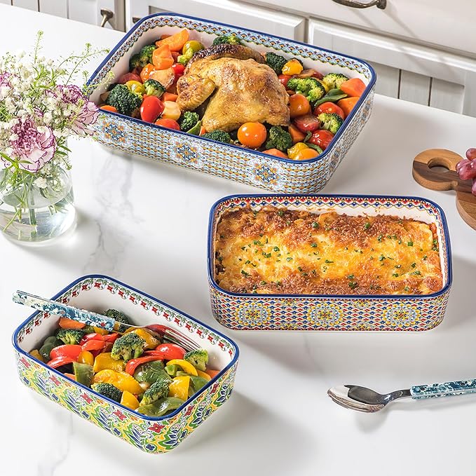 Casserole Dishes for Oven, Ceramic Baking Dishes Set of 3, Rectangular Lasagna Pans, Ceramic Bakeware Set for Baking, Roasting and Serving - Boho Style - Image 3