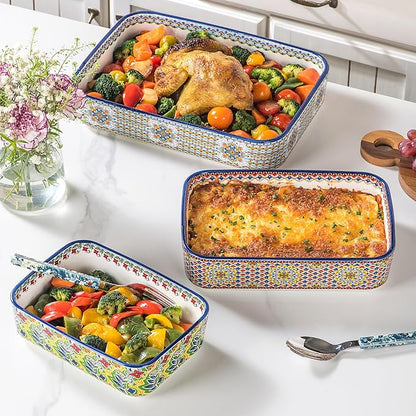 Casserole Dishes for Oven, Ceramic Baking Dishes Set of 3, Rectangular Lasagna Pans, Ceramic Bakeware Set for Baking, Roasting and Serving - Boho Style - Image 3