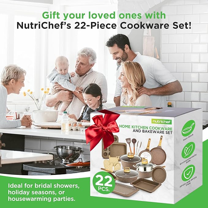 NutriChef 22‑Piece Non‑Stick Ceramic Pots and Pans Set – For All Cooktops Including Induction – PTFE & PFAS Free, Includes Bakeware & Utensils - Image 8