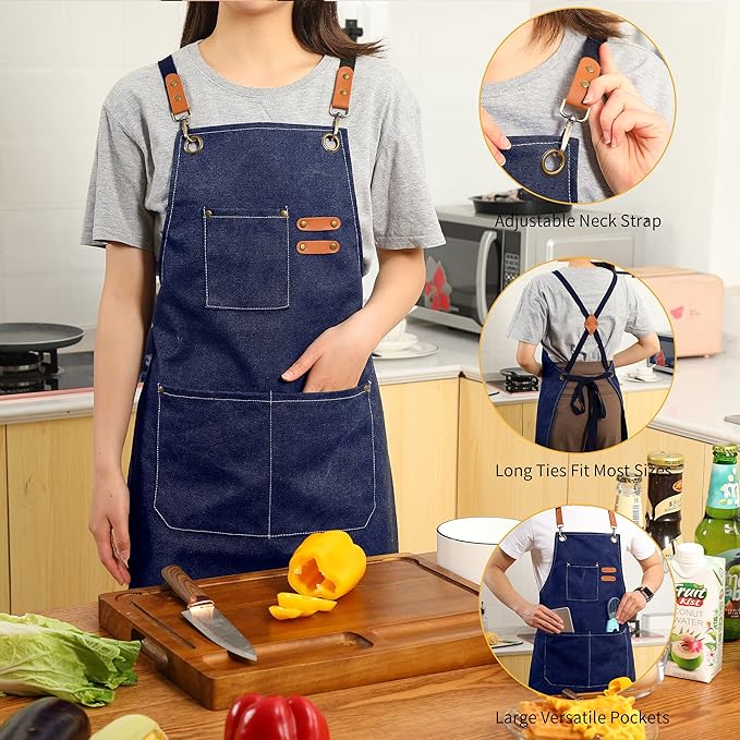 Tosewever Canvas Cross Back Chef Cotton Aprons for Men Women with Large Pockets - Image 3