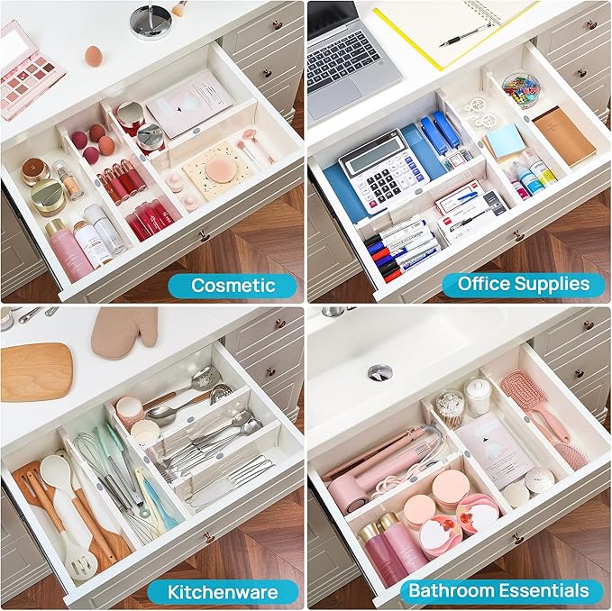 Vtopmart 6 Pack Drawer Dividers for Clothes, 4" High 11.3"-17" Adjustable Expandable Dresser Drawer Organizer, Plastic Drawers Separators for Dresser, Baby Clothes, Underwear, Kitchen & Office Storage - Image 8