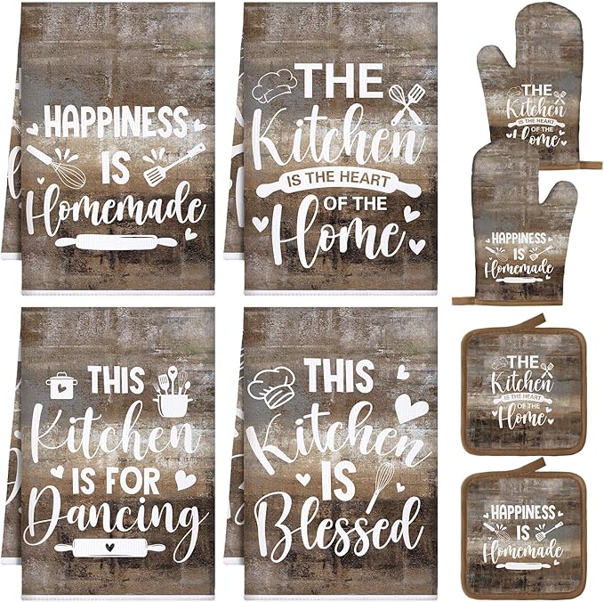 Leinuosen 8 Pcs Kitchen Towels and Oven Mitts Sets Pot Holders Dishcloths Set Kitchen Decorative Accessories Absorbent Potholders Heat Resistant for Chef Baking Cooking by Leinuosen
