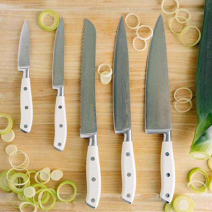Yatoshi 12 Piece White Knife Block Set - Pro Kitchen Knife Set Ultra Sharp High Carbon Stainless Steel with Ergonomic Handle - Image 9