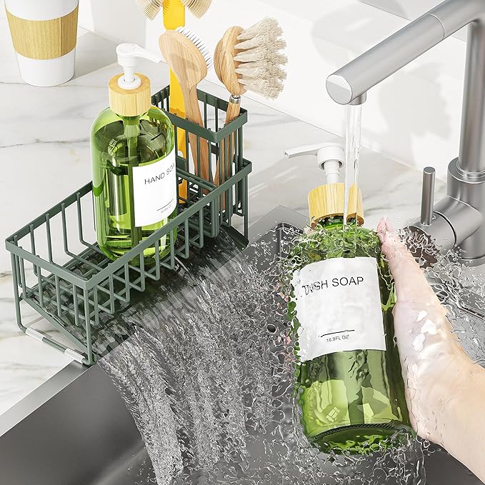 Cisily Sage Green Kitchen Dish Soap Dispenser, 16 fl Oz Dual Kitchen Soap Dispensers with Sponge Holder, Customized Stainless Steel Kitchen Soap Dispenser Set, Modern Hand and Dish Soap Bottle Set - Image 4