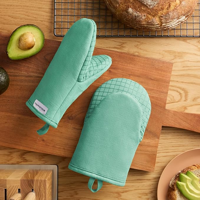 KITCHENAID Gourmet Series Gridlines Mini Oven Mitts 2-Pack Set, Heat Resistant up to 600°F, Soft Silicone Grip, Magnetic Cuff, Color of The Year, Spearmint, 5.5"x9" - Image 2