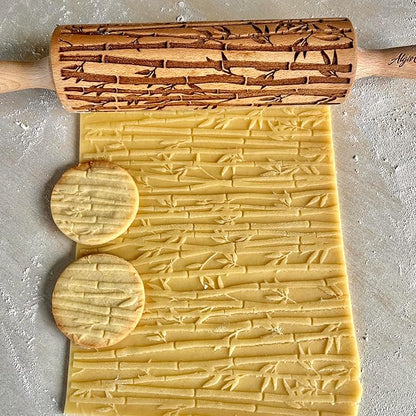 BAMBOO Embossed Rolling Pin for Ceramic. Clay Roller and Ceramic Stamp for Embossing Pottery. Baking Gifts for Women by Algis Crafts for Embossed Cookies