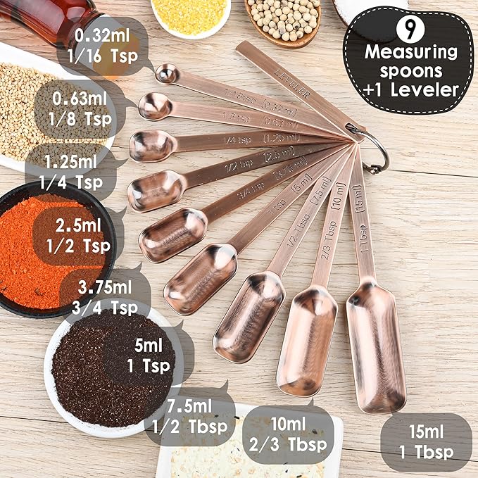 Copper Measuring Spoons Set 10, Stainless Steel Measuring Spoons with Leveler, Metric & US Metal Measuring Spoons fro Baking & Kitchen, Dry&Liquid Long Handle Measruing Spoons for Spice Jar