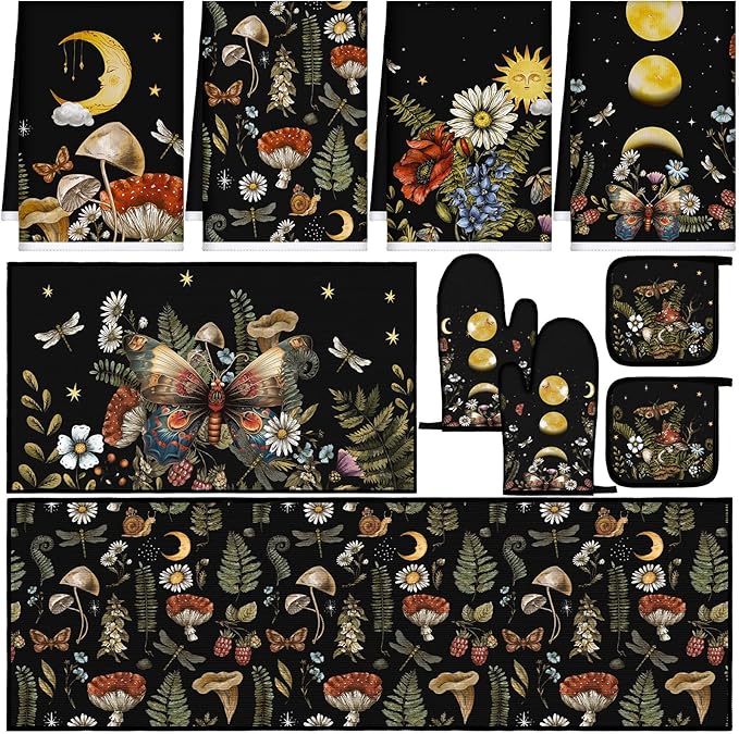 Fourluoo 10 Pcs Kitchen Dish Towels Rugs Oven Mitts and Pot Holders Set Farmhouse Kitchen Decor Set for Women Mom Daughter Gift Cooking Baking Grilling(Rustic Color,Rustic Bohemia)