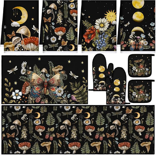 Fourluoo 10 Pcs Kitchen Dish Towels Rugs Oven Mitts and Pot Holders Set Farmhouse Kitchen Decor Set for Women Mom Daughter Gift Cooking Baking Grilling(Rustic Color,Rustic Bohemia)