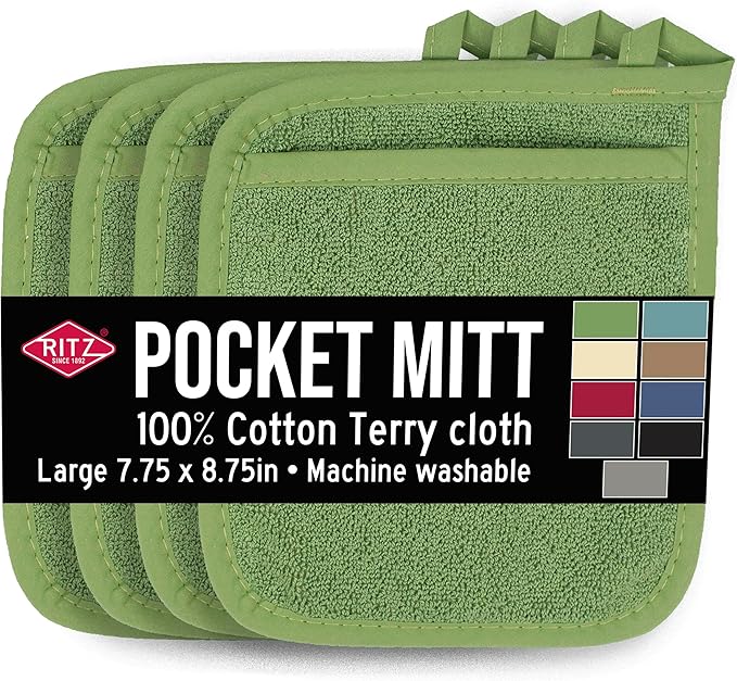 RITZ Terry Pocket Mitt & Hot Pad: Unparalleled Heat Resistant, Durable 100% Cotton – Ergonomically Designed for Optimal Grip – Easy-Care Machine Washable – 4-Pack, Cactus Green by Ritz+Foodservice