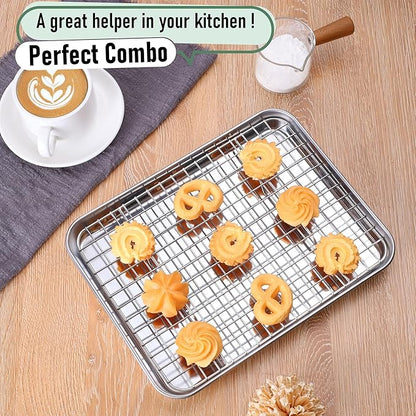 Homikit Cookie Sheet with Rack (1 Pan+1 Rack), 10 x 8 Inch Stainless Steel Small Baking Sheet with Wire Rack Set for Baking Roasting Cooling, Toaster Oven Pan Bacon Tray, Non-Toxic & Dishwasher Safe