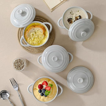 MALACASA Mini Cocotte Set - 12 OZ Ramekins with Lids and Handles, Small Casserole Dishes for Oven, Ceramic Small Baking Dish Set of 4, Microwave & Dishwasher Safe, Khaki Grey, Series TARA - Image 7