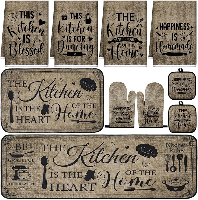 Fourluoo 10 Pcs Farmhouse Kitchen Decor and Accessories Set 4 Kitchen Towels 2 Pot Holders 2 Oven Mitts 2 Rugs for Cooking Baking Mom Housewarming Gifts(Vintage Color,Classic Style) by Fourluoo