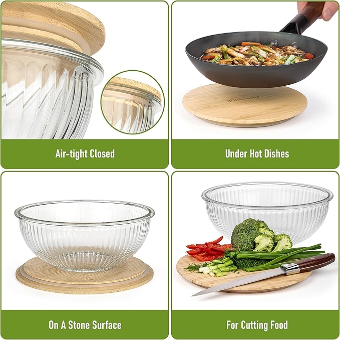 Stackable Space-Saving Nesting Set of 3 Glass Bowls with Bamboo Lids for Foodprep, Storage, Mixing & Cooking - Microwave & Oven Safe BPA Free Durable Heat Resistant Inert Borosilicate Glass - Image 4