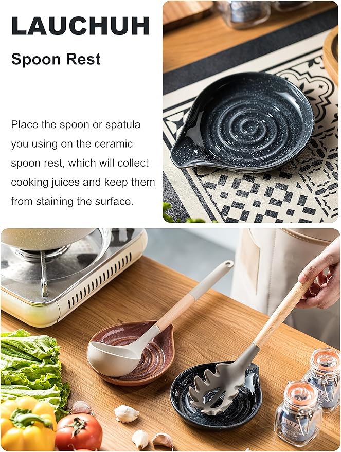 LAUCHUH Spoon Rest, Ceramic Spoon Holder for Stove Top 5" Spatula Rest for Countertop Large Cooking Utensil Holder for Mother's Day, Ladle, Spatula, Spoons or Tongs, Speckled Dark Gray