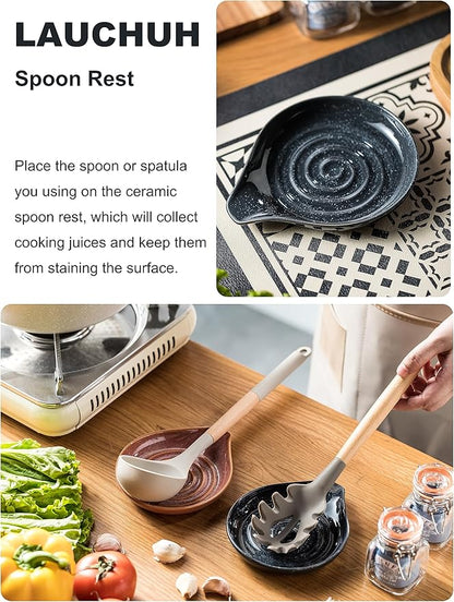 LAUCHUH Spoon Rest, Ceramic Spoon Holder for Stove Top 5" Spatula Rest for Countertop Large Cooking Utensil Holder for Mother's Day, Ladle, Spatula, Spoons or Tongs, Speckled Dark Gray