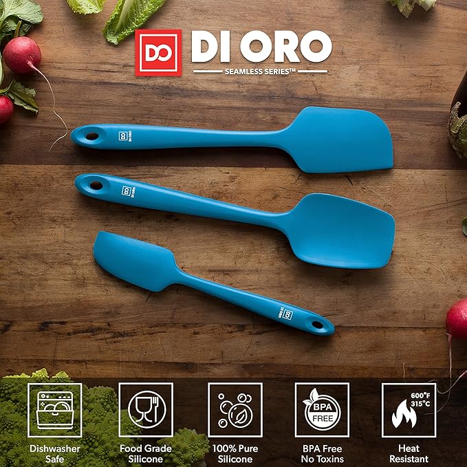 DI ORO Silicone Spatula Set - Rubber Kitchen Spatulas for Baking, Cooking, & Mixing - 600°F Heat-Resistant & BPA Free Silicone Scraper Spatulas for Nonstick Cookware - Dishwasher Safe (3pc, Blue) - Image 3