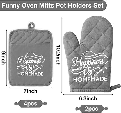 GROBRO7 6Pcs Cotton Oven Mitts and Pot Holders Set Happiness is Homemade Heat Resistant Hot Pad Machine Washable Microwave Gloves with Hanging Loop Pocket Potholder for Kitchen Baking Cooking Grilling - Image 2
