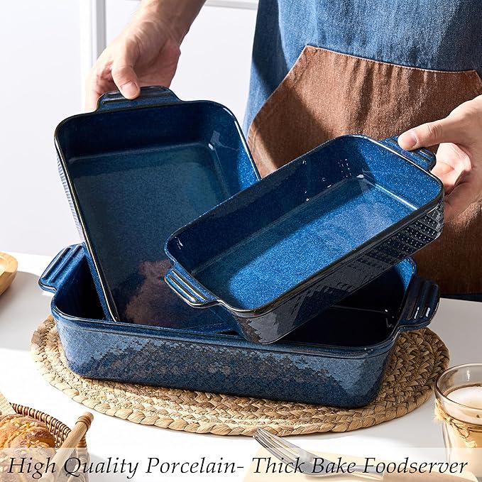 Ceramic Baking Dish Set of 3, Casserole Dishes for Oven, Square Porcelain Bakeware Set with Handles, Lasagna Baking Pan for Cooking, Perfect for Baking and Serving, Housewarming, Halloween, Thanksgiving, Christmas, New Year- Blue - Image 5