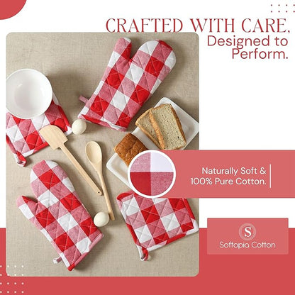 Oven Mitt & Pot Holder Buffalo Plaid Check 100% Cotton Heat Resistant Oven Gloves (7"x13") & Hot Pads (8"x8") Combo for Baking, Cooking - Red