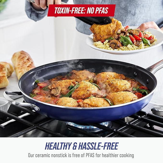 Blue Diamond Ceramic Nonstick 14" Frying Pan Skillet, PFAS-Free Cookware, Jumbo Cooker with Helper Handle, For Large & Family Sized Meals, Dishwasher & Oven Safe, Blue - Image 3