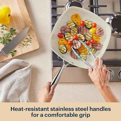 Pyrex 11-Inch Grill Pan Ceramic Cookware with Stainless Steel Handle, Healthy Nonstick Ceramic Coating, Induction Compatible Stainless Steel, PFAS Lead Cadmium BPA Free