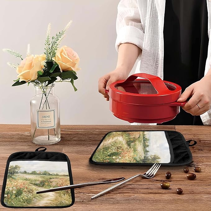 Rustic Wildflower Meadow Pot Holders with Pockets, Cottagecore Country Landscape Oven Pot Holders Heat Resistant Oven Mitts Hot Pads for Kitchen Baking Cooking