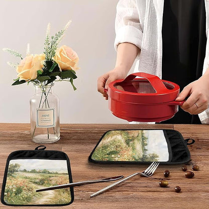 Rustic Wildflower Meadow Pot Holders with Pockets, Cottagecore Country Landscape Oven Pot Holders Heat Resistant Oven Mitts Hot Pads for Kitchen Baking Cooking