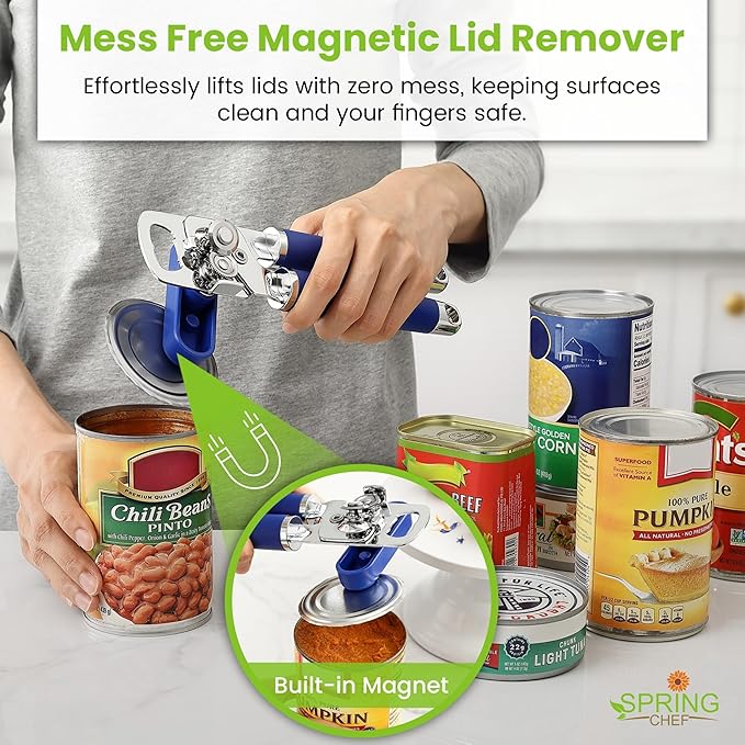 Spring Chef Stainless Steel Can Opener - Manual with Soft Grip Handles, Easy Turn, Heavy Duty Hand Can Openers for Seniors with Smooth Edge - Magnetic Lid Remover - Sapphire - Image 5