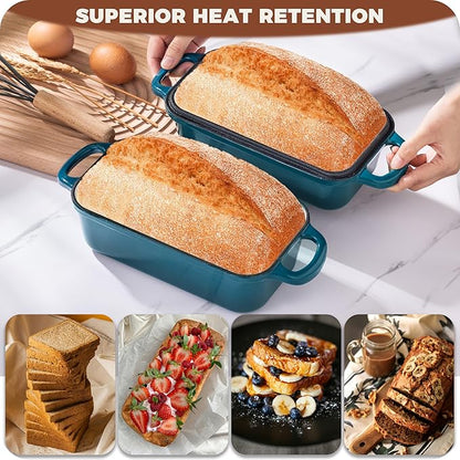 Cast Iron Loaf Pan With Lid, Enameled Bread Loaf Pan For Homemade Bread Sourdough, 2 In 1 Loaf Pans For Baking Bread 9x5, Even Heating Bread Dutch Oven, Teal