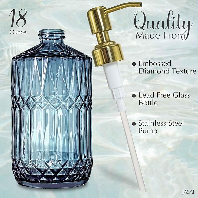 JASAI 18Oz Blue Glass Soap Dispenser with Golden Pump, Refillable Bathroom soap Dispenser with Thick Glass, Clear Kitchen Soap Dispenser for Dish Soap, Hand soap, Lotion.(Blue) - Image 2