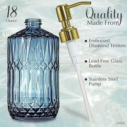 JASAI 18Oz Blue Glass Soap Dispenser with Golden Pump, Refillable Bathroom soap Dispenser with Thick Glass, Clear Kitchen Soap Dispenser for Dish Soap, Hand soap, Lotion.(Blue) - Image 2