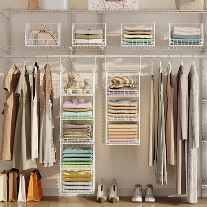 5 Tier Closet Hanging Organizer, Clothes Hanging Shelves with 4 Hanging Hooks 5 S Hooks, Wire Storage Basket Bins, for Clothing Sweaters Shoes Handbags Clutches Accessories Patent Design-White - Image 2