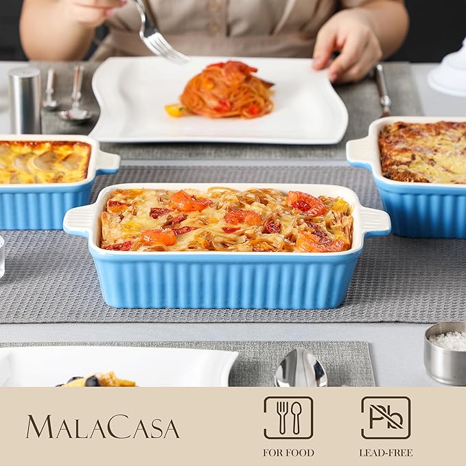 MALACASA Casserole Dishes for Oven, Porcelain Baking Dishes, Ceramic Bakeware Sets of 4, Rectangular Lasagna Pans Deep with Handles for Baking Kitchen, Blue (9.4"/11.1"/12.2"/14.7"), Series BAKE.BAKE - Image 4