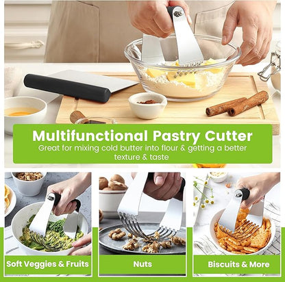 Spring Chef Dough Blender & Pastry Cutter Tool, Stainless Steel Pastry Blender & Bench Scraper for Pizza, Nut, Pie - Multipurpose Dough Cutter & Scraper Tool for Baking with Soft Grip Handles - Black - Image 2