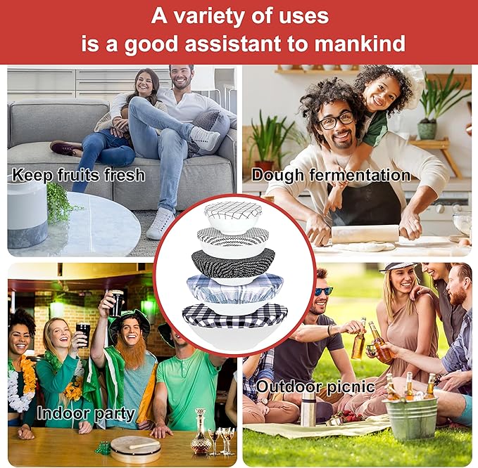 10Pcs Reusable Bowl Covers In 5 Size, Stretch Cloth Fabric Dish Cover Kitchen Storage Containers Lids for Fruits Food Leftover Dough Bread Proofing