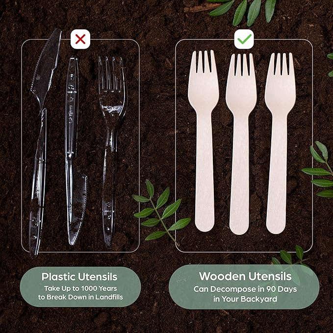 PURPLECLAY Wooden Disposable Forks (300 PCS) FSC Certified Wood Compostable Forks, Eco-Friendly Compostable Utensils for Party, Plastic-Free Wood Utensil, Bamboo Utensils Alternative, Fork for Eating - Image 3
