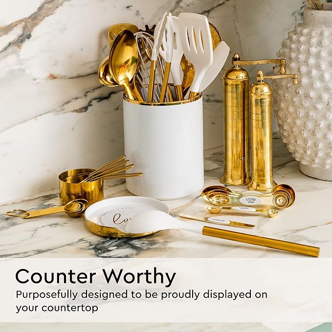 White Utensil Holder with Built-In Ceramic Spoon Rest - 2-Piece Luxe White and Gold Spatula Holder with Gold Spoon Rest for Countertop Organization - Stylish Kitchen Accessory, Utensils Not Included - Image 8
