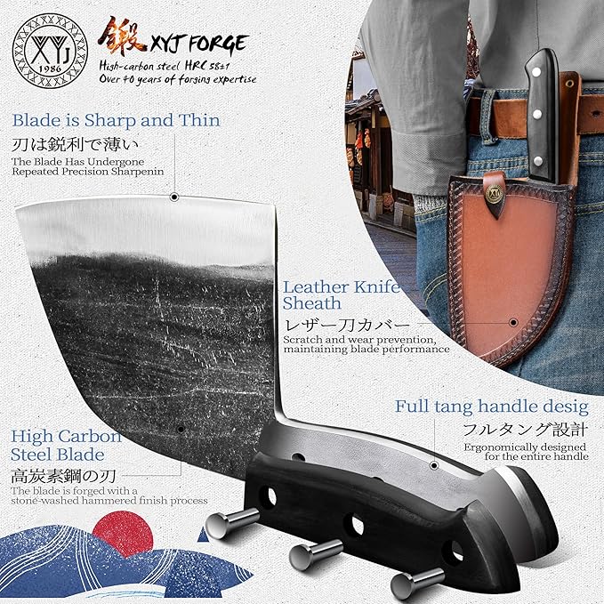 XYJ Authentic Since 1986,Outstanding Ancient Forging,6.7 Inch Full Tang,Serbian Chefs knife,Chef Meat Cleaver,Kitchen Knives,Set with Leather Sheath,Take Carrying,Butcher