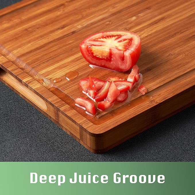 Allsum Large Wood Cutting Board for Kitchen, 1” Thick Bamboo Cheese Charcuterie Board, Butcher Chopping Block, with Juice Grooves and Handles - Image 5
