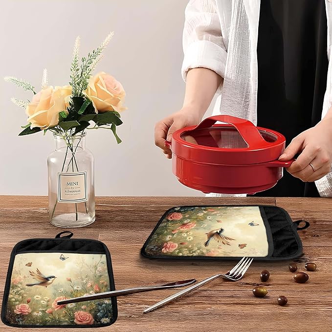 Rustic Floral Bird Pot Holders with Pockets, Cottagecore Wildflower Butterfly Oven Pot Holders Heat Resistant Oven Mitts Hot Pads for Kitchen Baking Cooking
